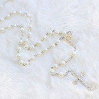 White Silver Pearl Rosary 55cm 8mm