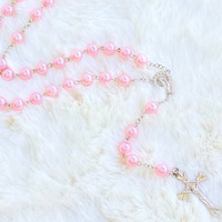 Pink Silver Pearl Rosary 55cm 8mm