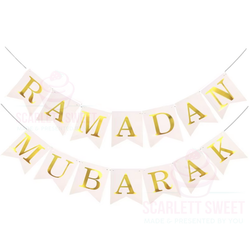  Ramadan Mubarak White Banner Gold Print