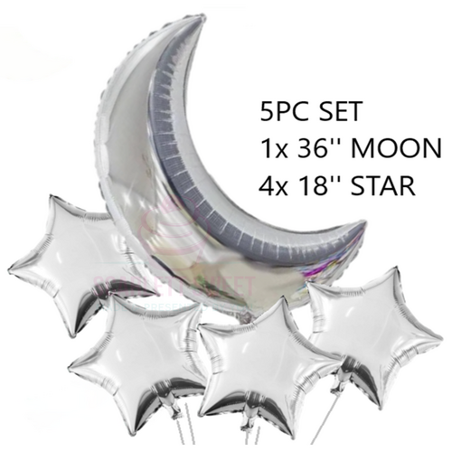 36'' Moon & Star Silver Foil Balloon 5PC/SET